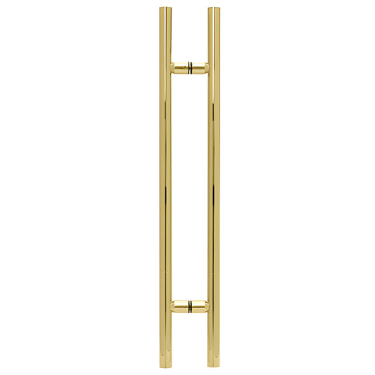 LP48BR polished brass 48" ladder-style tubular shower pull, 1-1/4" dia, back-to-back glass mount for 8-12mm glass