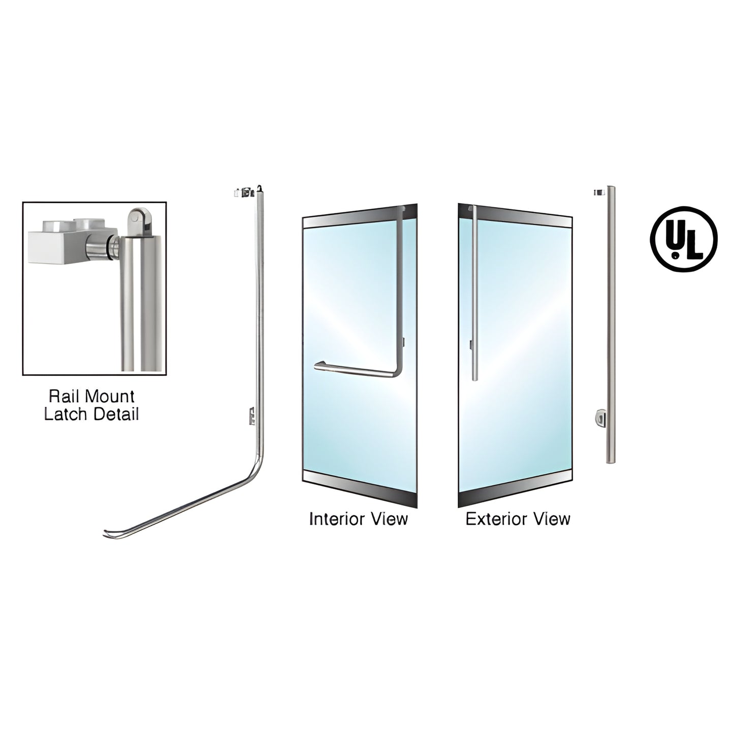 Brushed stainless PA100 panic handle (PA100JS3LKBS), low-profile rail mount, interior push bar and exterior pull.