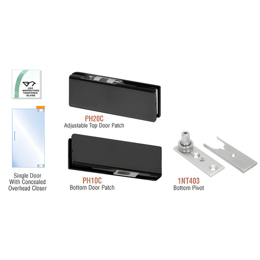 PHA2MBL matte black frameless glass door kit: adjustable top patch, bottom patch and silver bottom pivot, for 3/8-1/2" glass