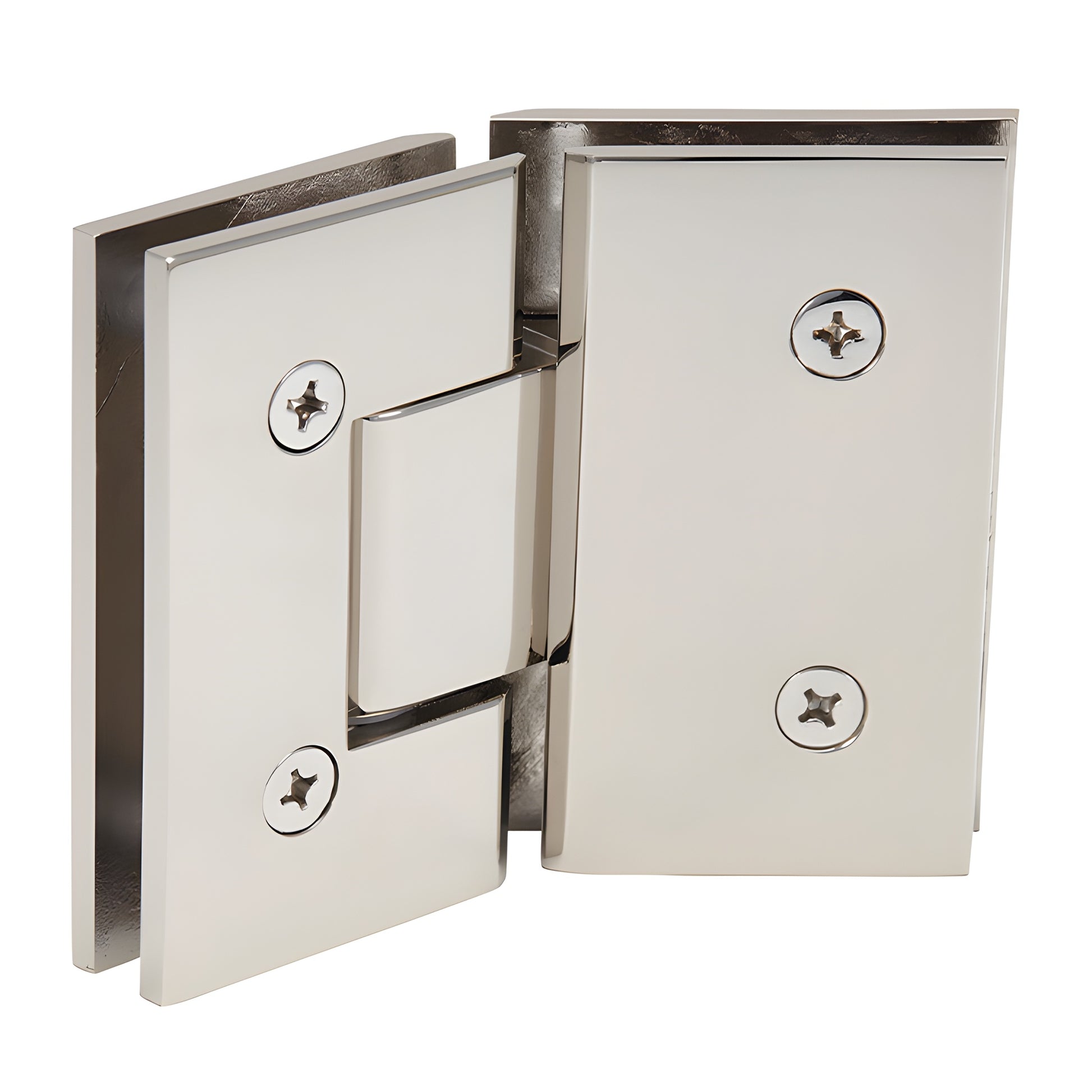Polished nickel square glass-to-glass shower hinge, 135 brass pivot for 3/8-1/2" frameless glass (SKU V1E045PN)