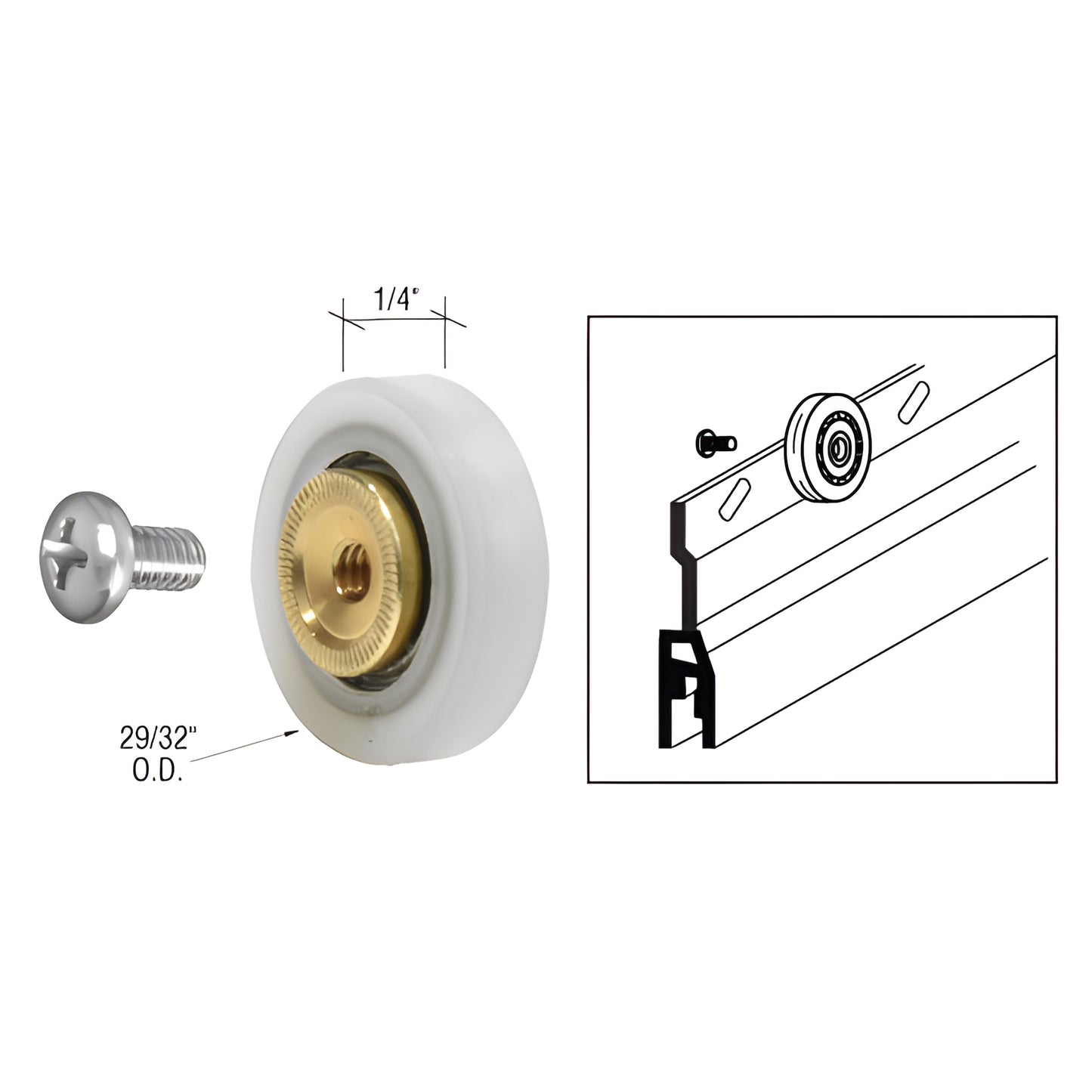 7/8" white nylon ball-bearing roller with brass center and screw stud - SKU D679