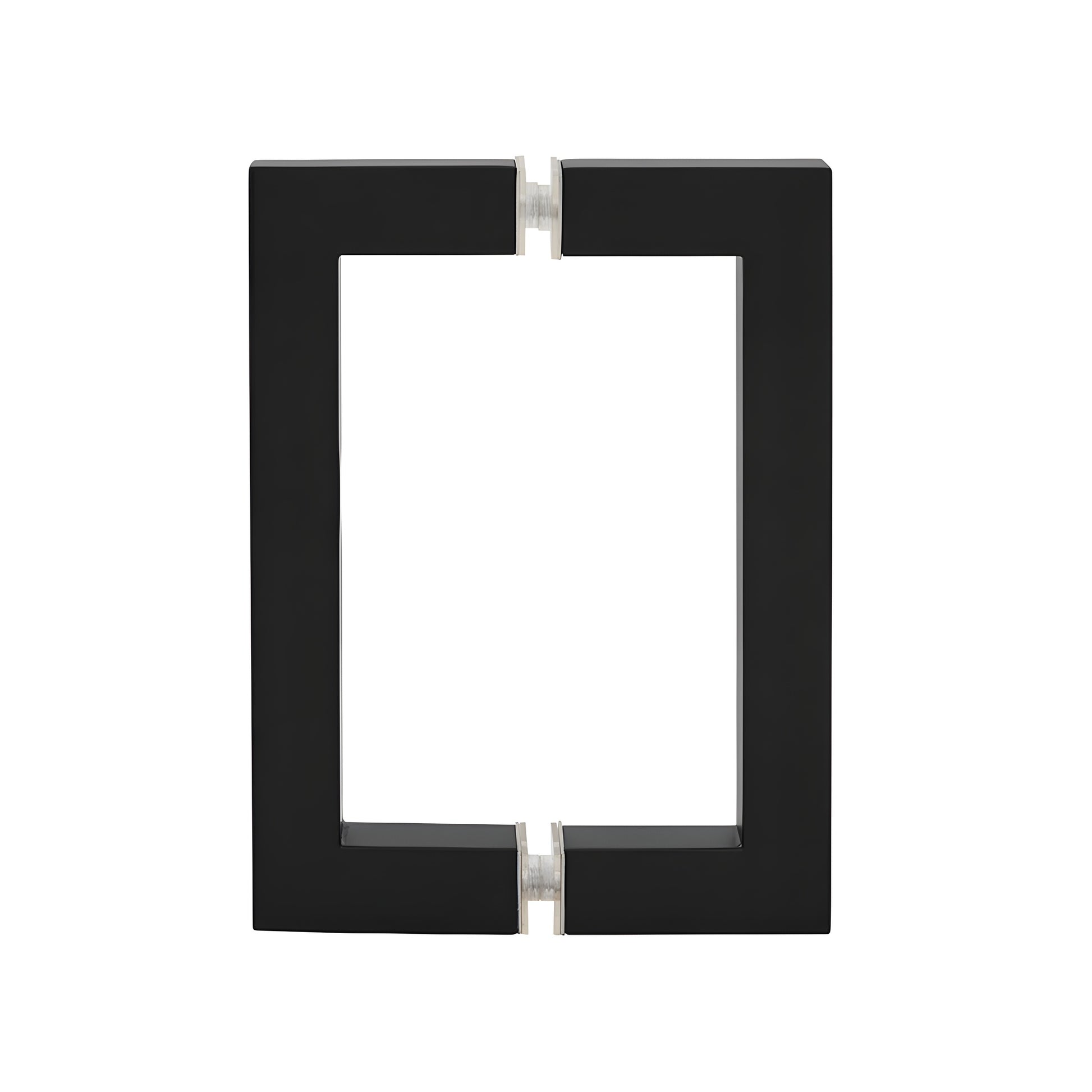 Matte black square corner back to back glass door pull, 3/4" brass tube, 6" center to center (SKU SQ6X6MBL)
