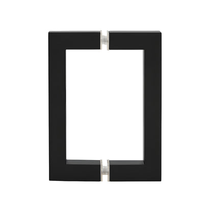 Matte black square corner back to back glass door pull, 3/4" brass tube, 6" center to center (SKU SQ6X6MBL)