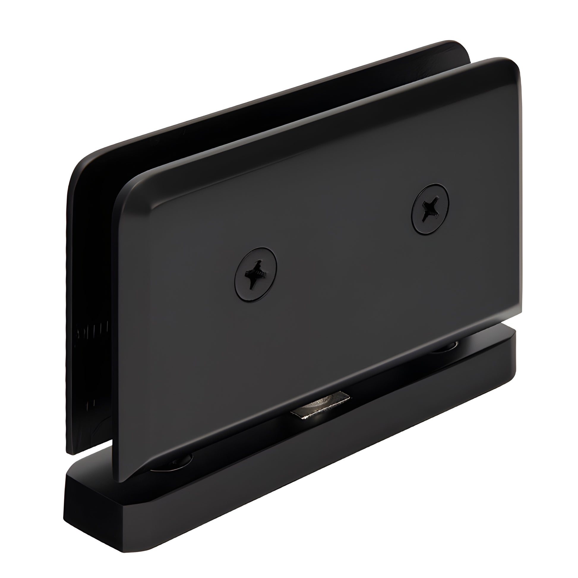 PPH01MBL matte black brass Prima series pivot hinge for 8-10mm glass, top/bottom mount, self-centering.