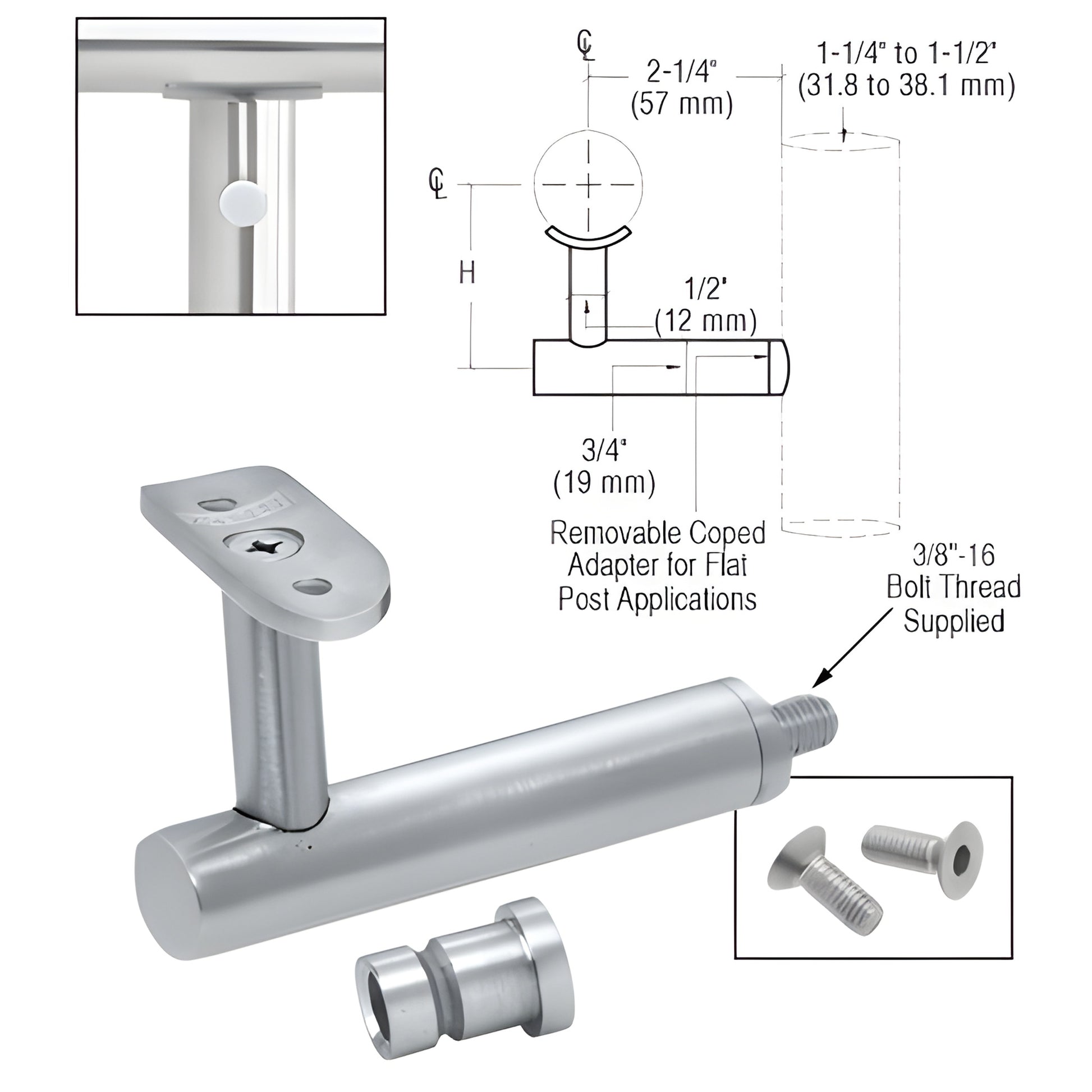 Aluminum post-mounted handrail bracket HR3EPMA, mill finish; fits 1.5-2 in rail tubing, mounts to 1.25-1.5 in posts.