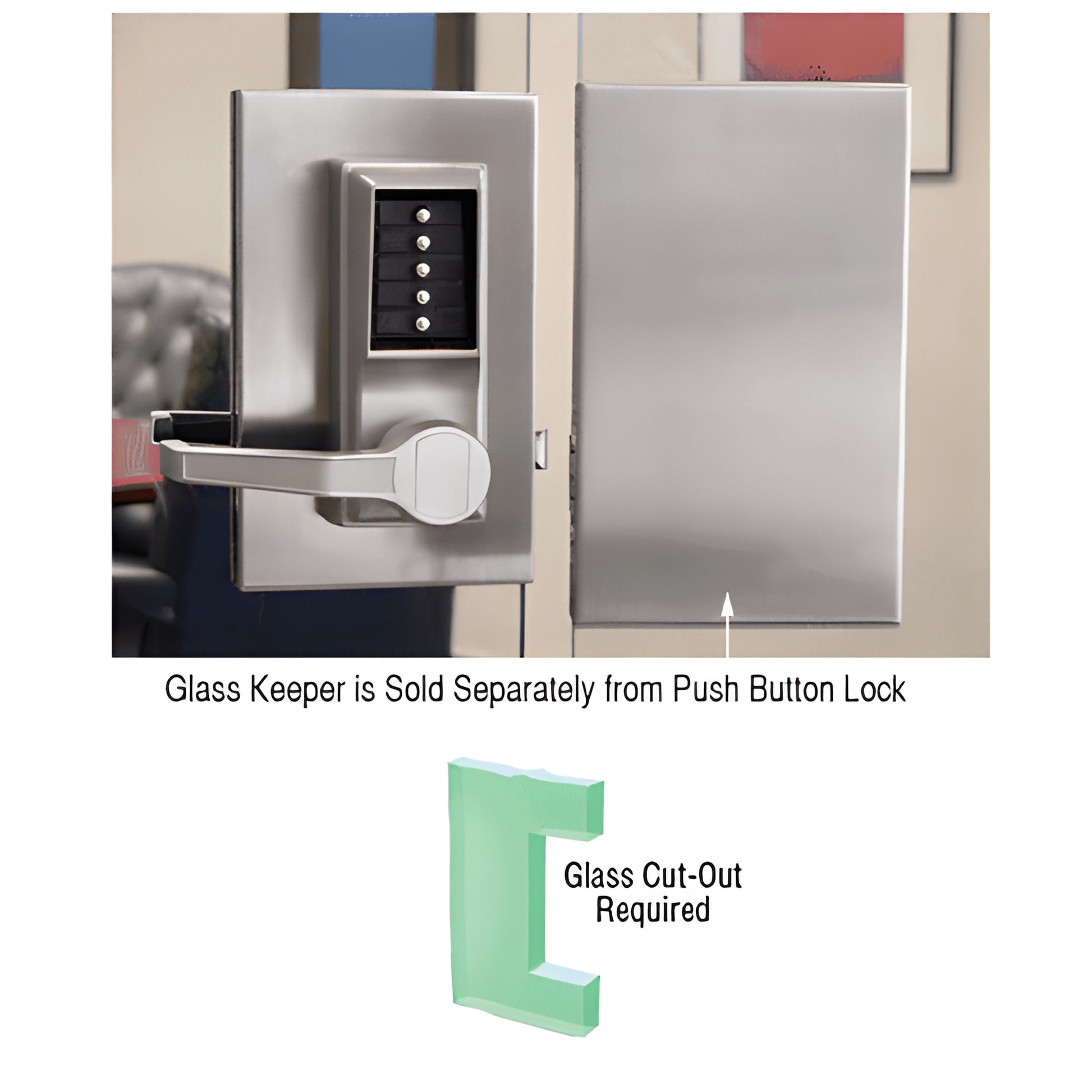 Brushed stainless steel 6x10 center lock keeper (DLK610LCBS) for 1/2" glass doors, left-hand, shown with push-button lock