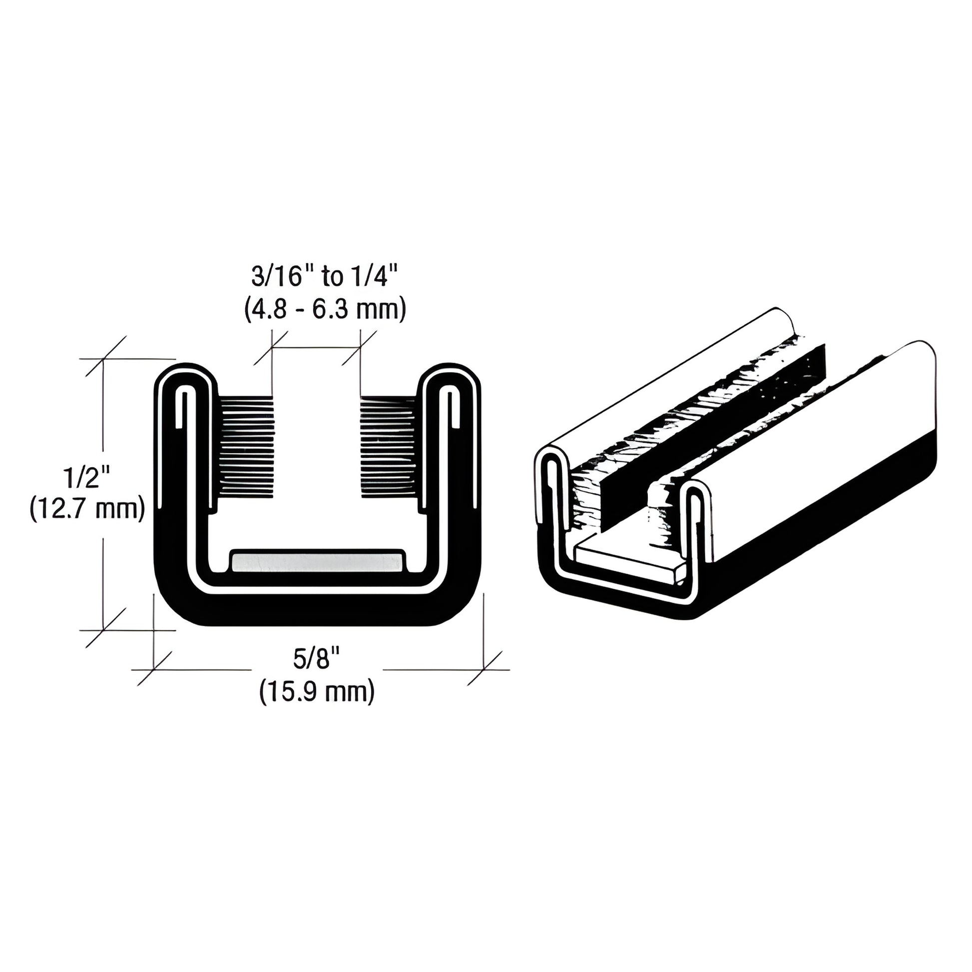 CRL SKU 8A196 black flexible rubber glass run channel, felt/pile lined, 5/8" wide x 1/2" high, fits 3/16-1/4" glass.