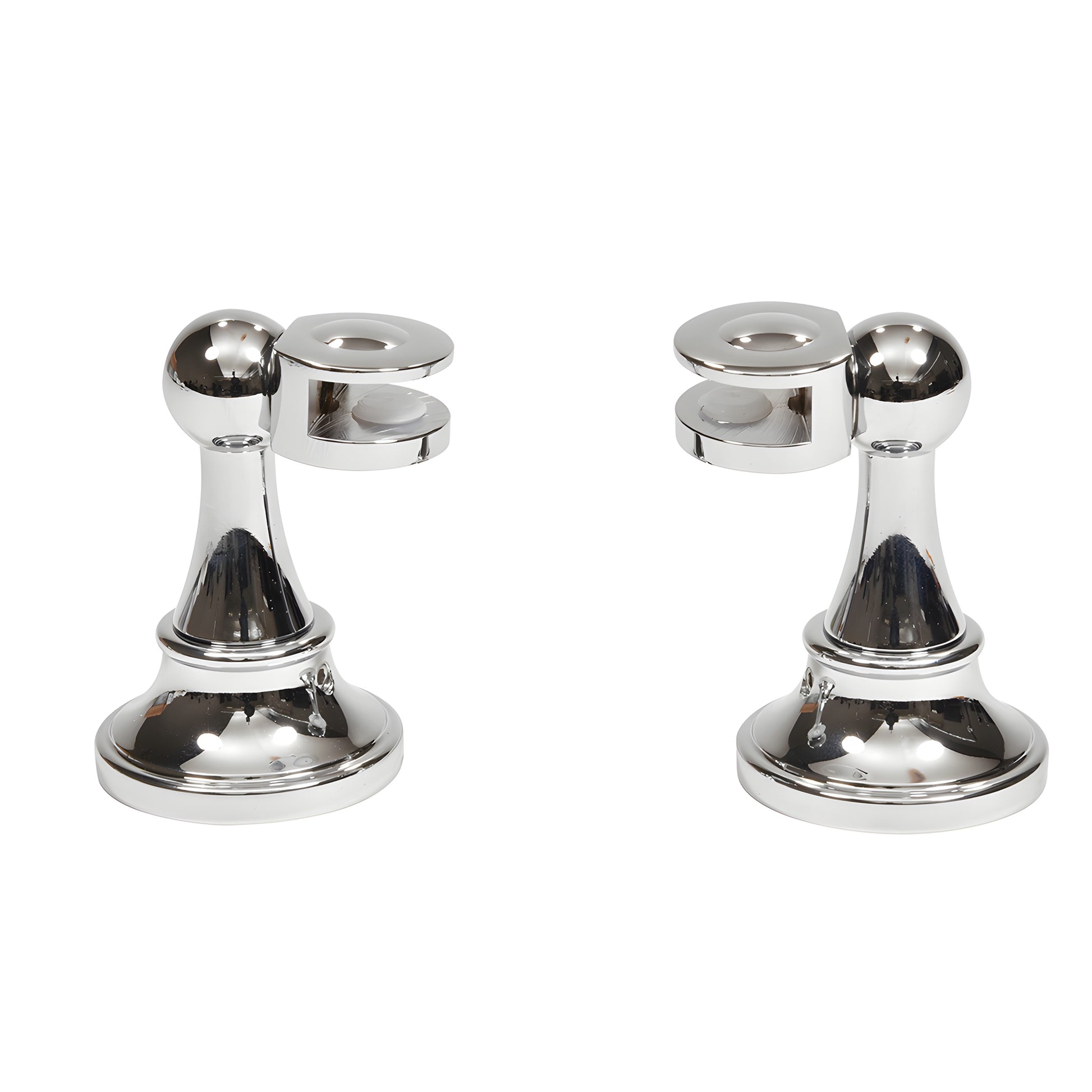 Pair of polished chrome mirror pivot brackets (MP6408), heavy-plated cast brass, tilting mounts for 3-6mm mirrors.