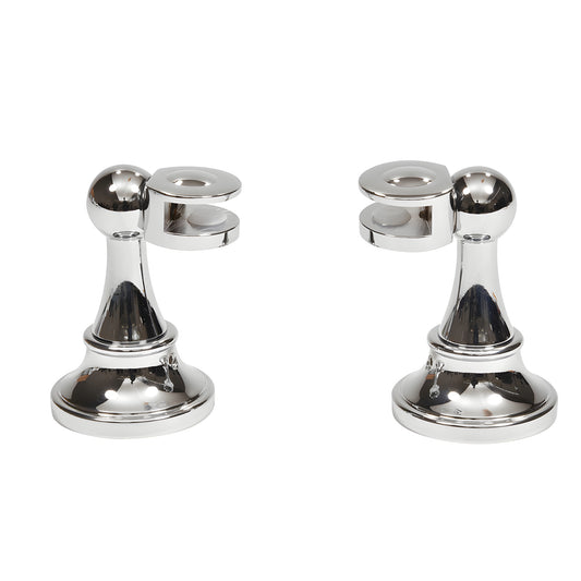 Pair of polished chrome mirror pivot brackets (MP6408), heavy-plated cast brass, tilting mounts for 3-6mm mirrors.