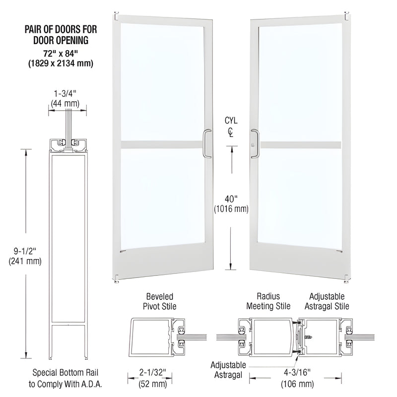 Pair of white narrow-stile entrance doors (SKU CZ22252) with glass panels, ADA 9-1/2" bottom rail, ready for custom hardware