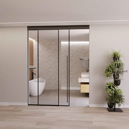 Matte Black Sliding Door with Fixed Panel Ceiling Mount Kit - Sleek, Modern Design