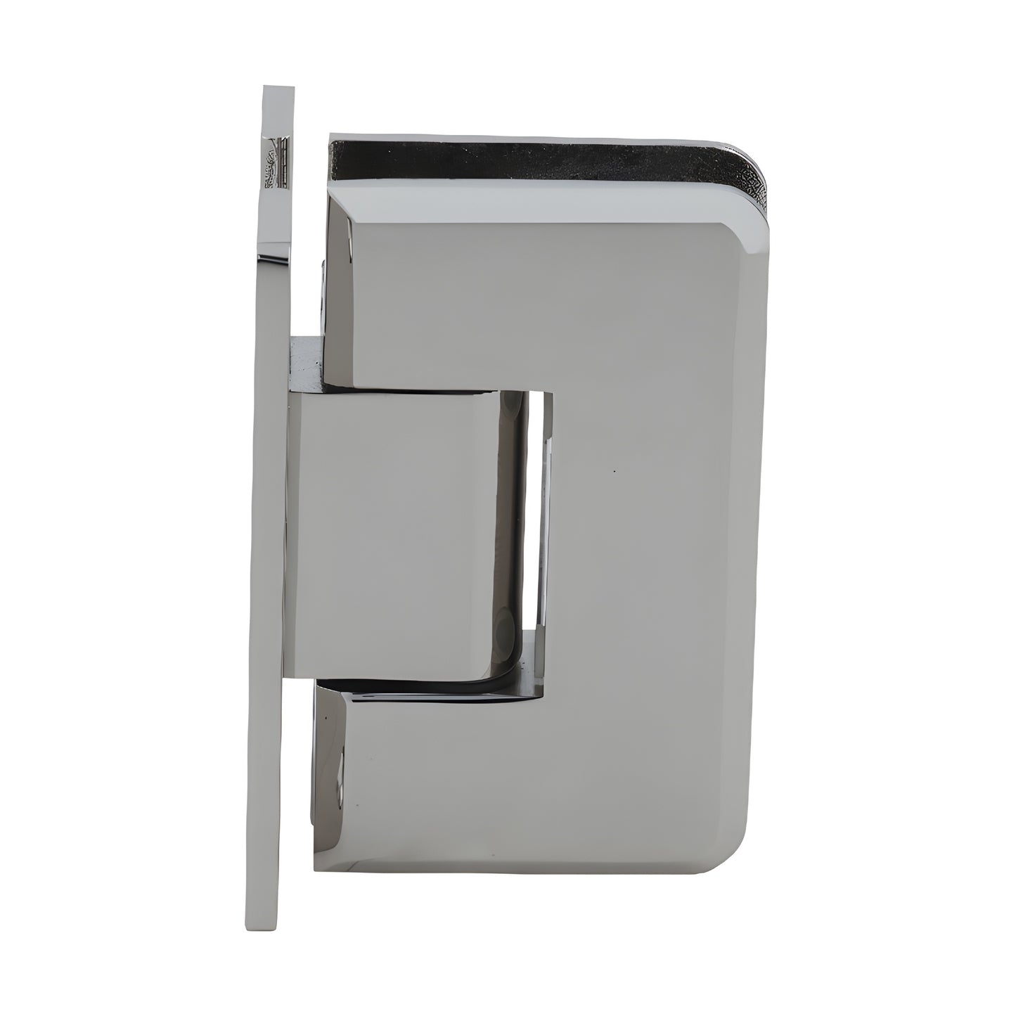 Polished nickel solid brass Cologne shower door hinge (SKU C0L037PN), beveled edges, H back plate, fits 10-12mm glass.