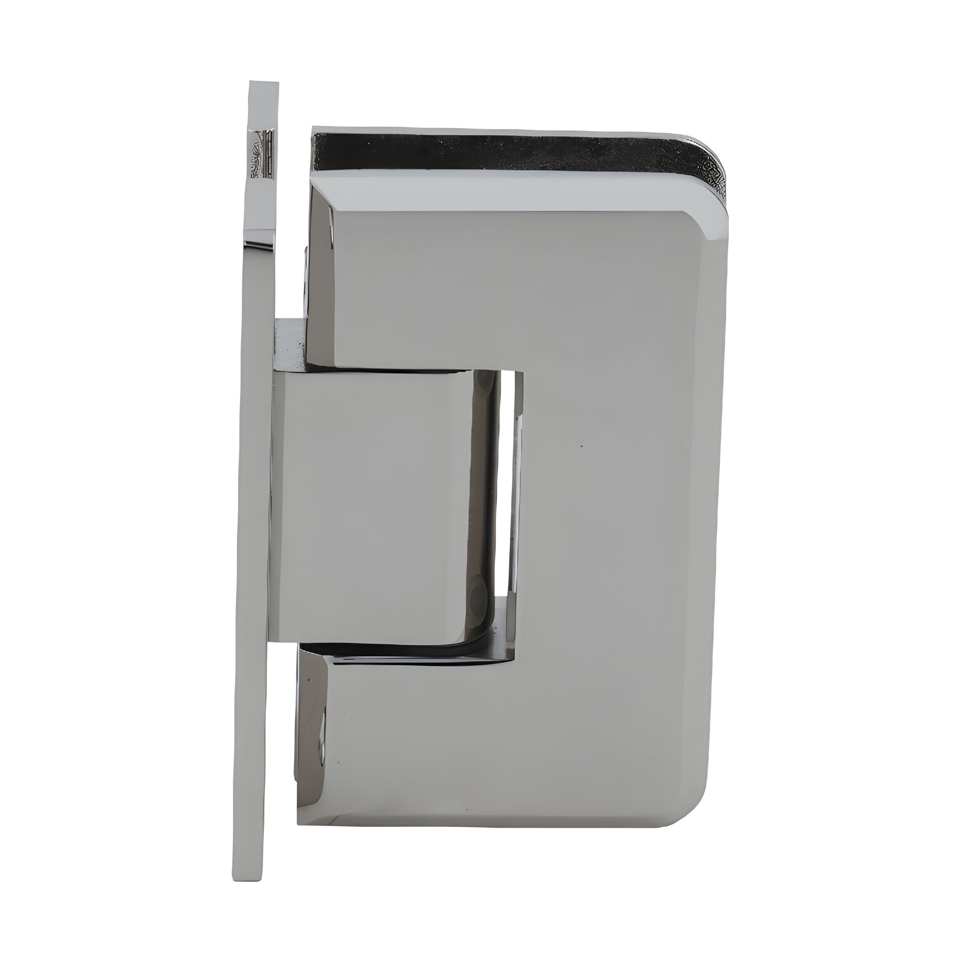 Polished nickel solid brass Cologne shower door hinge (SKU C0L037PN), beveled edges, H back plate, fits 10-12mm glass.