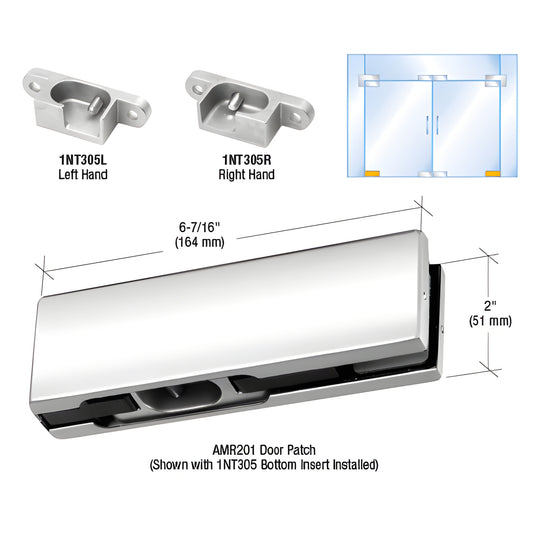 PH10ERPS polished stainless AMR201 bottom door patch for 3/8" or 1/2" tempered glass, right hand insert shown.