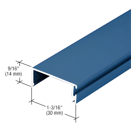 IG500 aluminum door stop extrusion, custom Kynar blue, 9/16" x 1-3/16" (14 x 30 mm) profile.