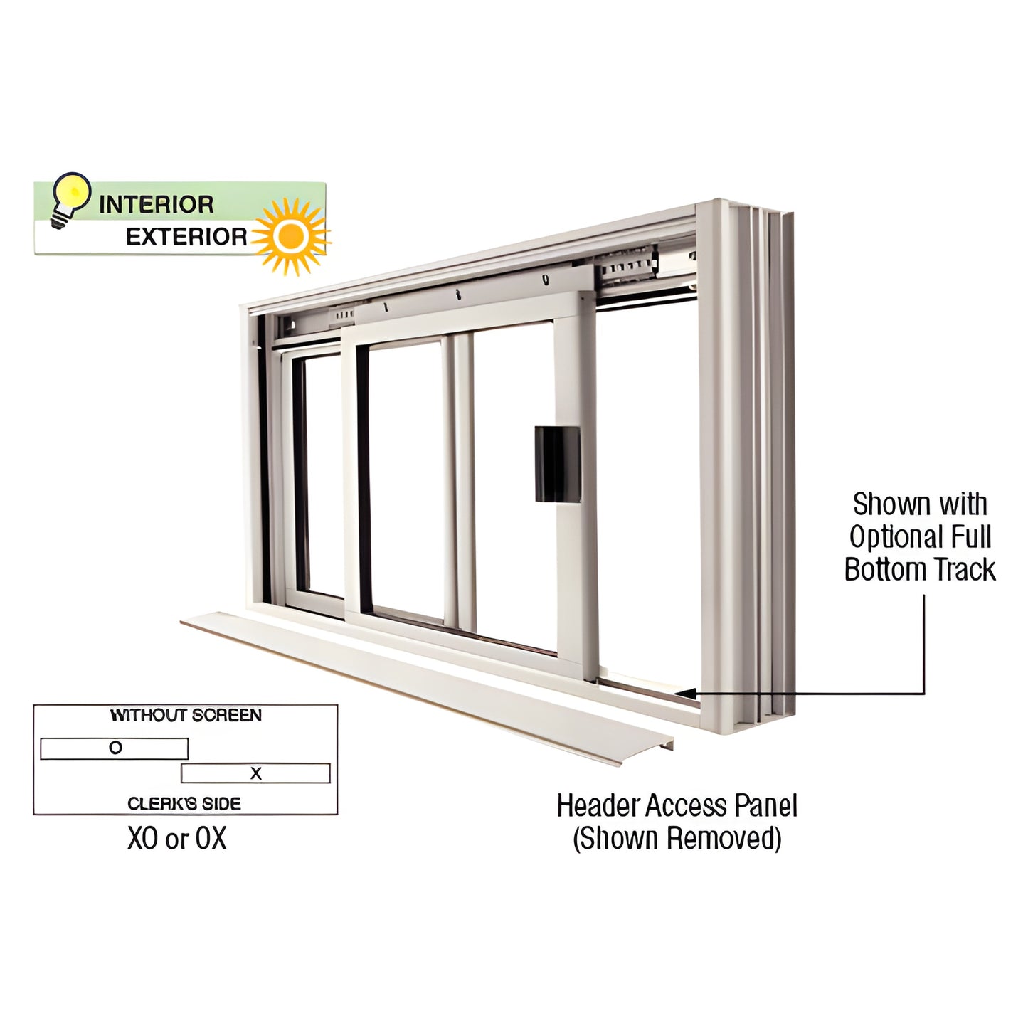 DW1800A two-panel satin anodized sliding service window - one fixed, one sliding; removable header access panel.