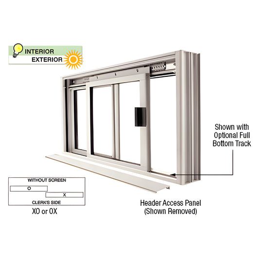 DW1800A two-panel satin anodized sliding service window - one fixed, one sliding; removable header access panel.