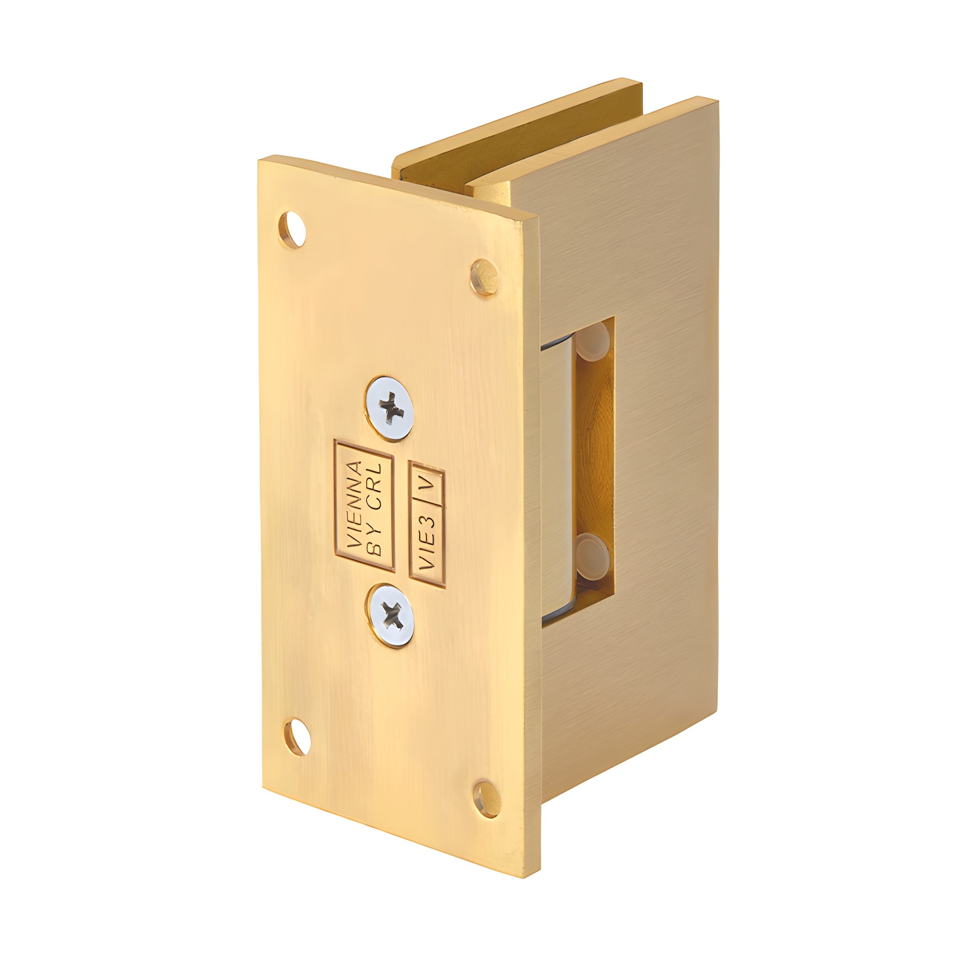 Satin brass squared shower door hinge (Vienna V1E537SB), solid brass wall-mount for 3/8-1/2 glass