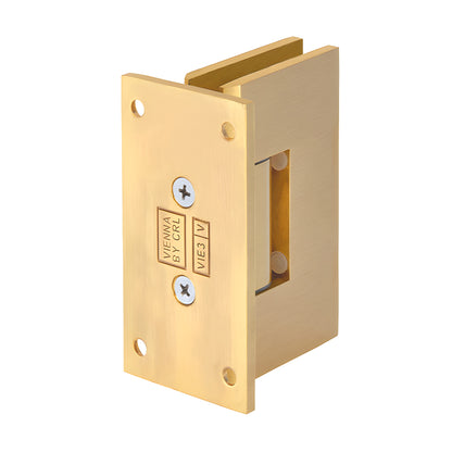 Satin brass squared shower door hinge (Vienna V1E537SB), solid brass wall-mount for 3/8-1/2 glass