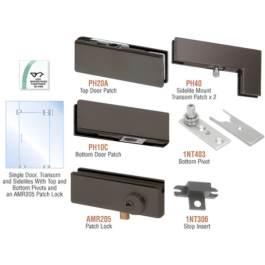 PHA5LDU black bronze pivot door kit for 3/8-1/2 tempered glass: top/bottom patches, sidelite transom patches, pivot, stop.