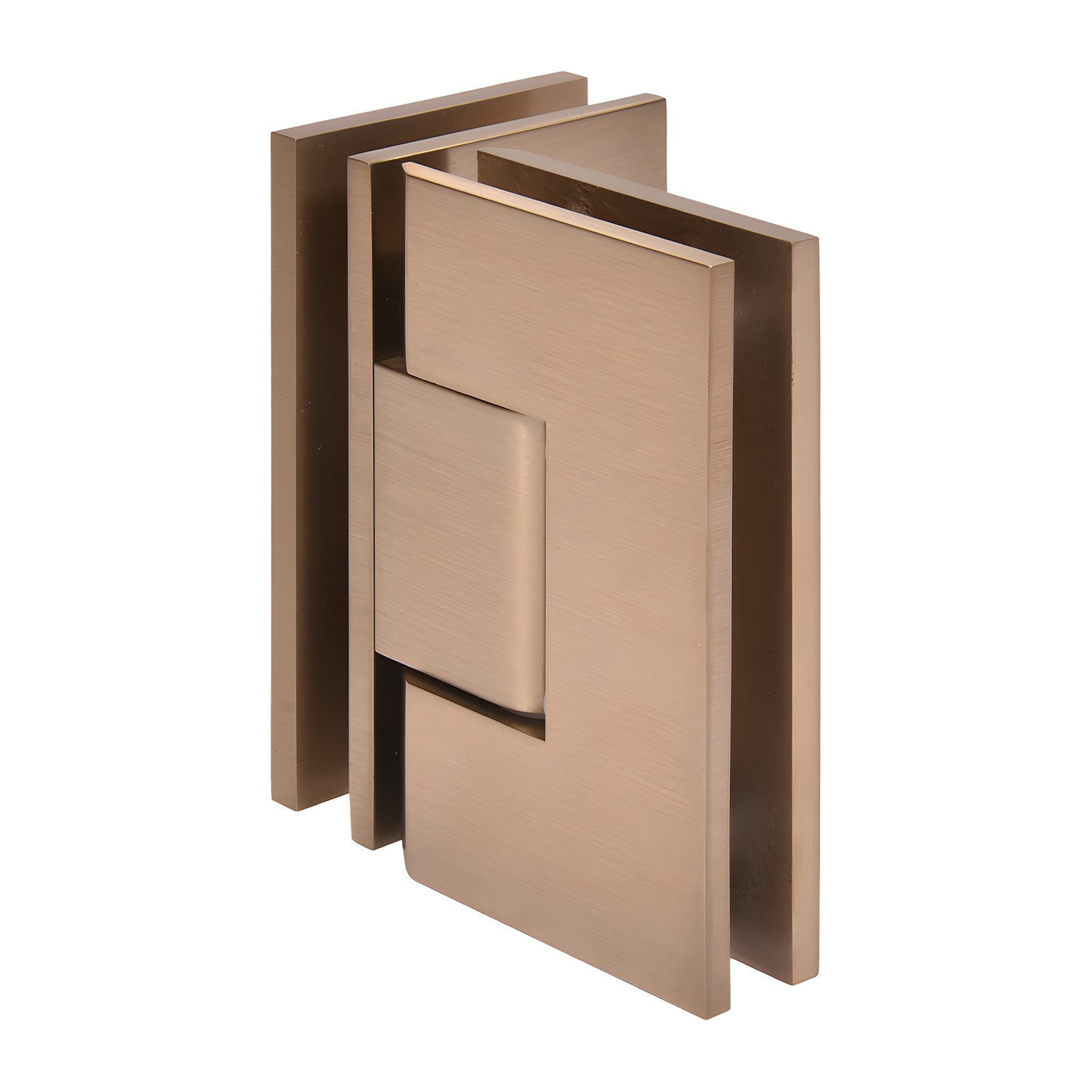 Vienna square-edge 90 glass-to-glass shower hinge, dark brushed bronze, solid brass, fits 10-12mm glass (SKU V1E092DBBZ)