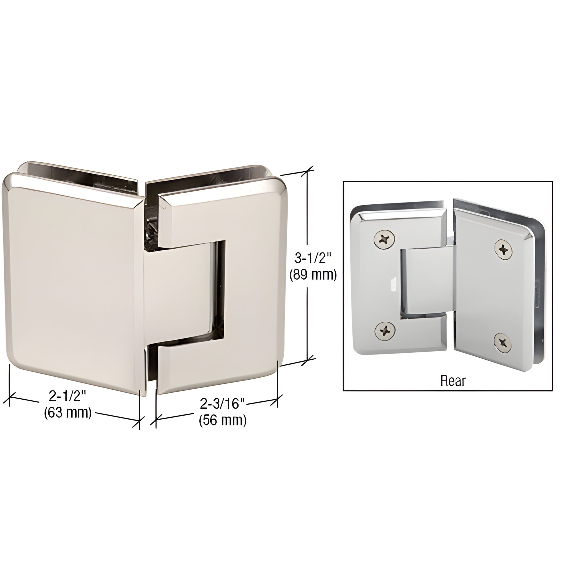 CRL Pinnacle polished-nickel glass-to-glass hinge P1N045PN - beveled brass, 135 , self-centering, fits 8-12 mm glass
