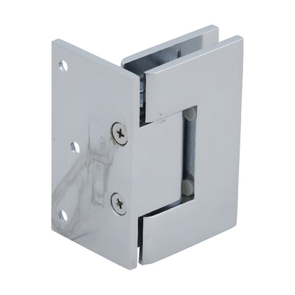 GEN044CH polished chrome brass Geneva shower door hinge, wall-mount offset back plate, self-centering, fits 8-12mm glass.