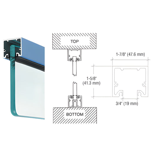 NH2PTCL powder-coated aluminum narrow header/U-channel for 3/8" (10mm) glass, 1-5/8" H x 1-7/8" W, diagram.