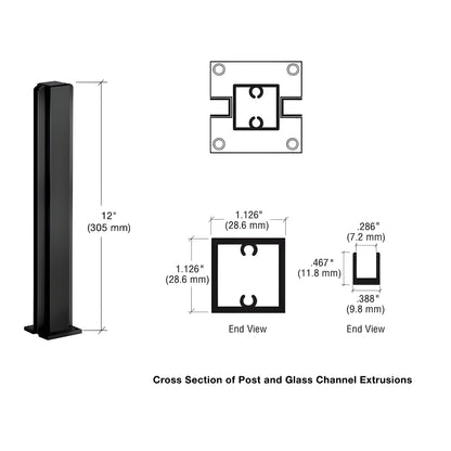 Semi-gloss black aluminum center partition post (12") with full-length glazing channels and square base, SKU D990BL12C