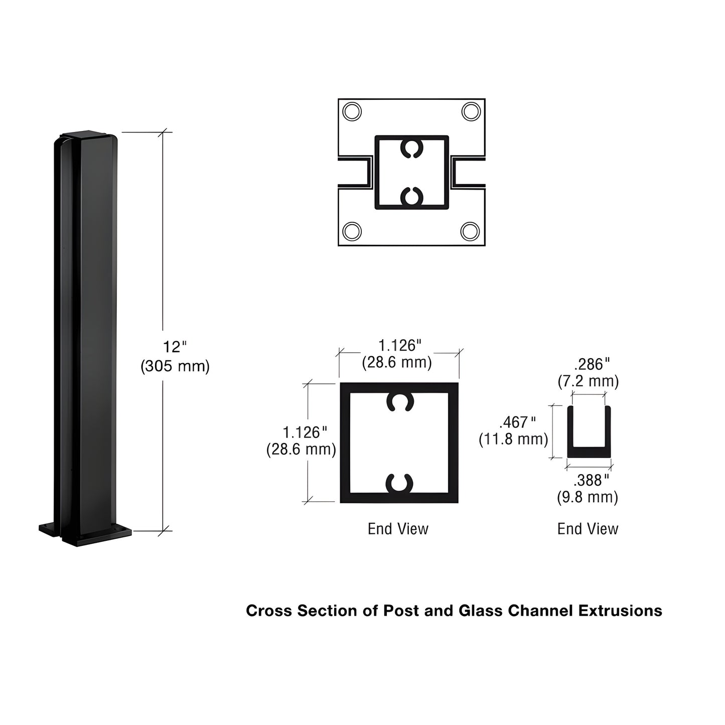 Matte black aluminum center-post for glass partitions, 12 in tall, 1-1/8" square - SKU D990MBL12C