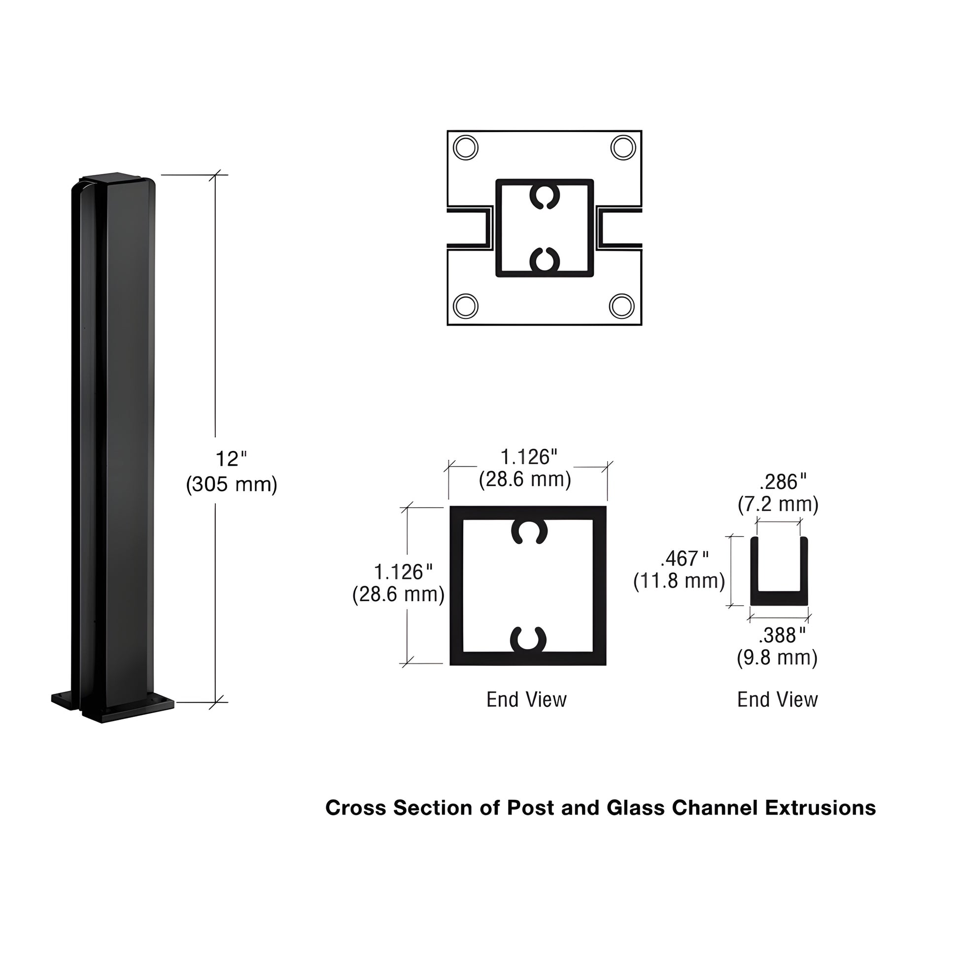 Matte black aluminum center-post for glass partitions, 12 in tall, 1-1/8" square - SKU D990MBL12C