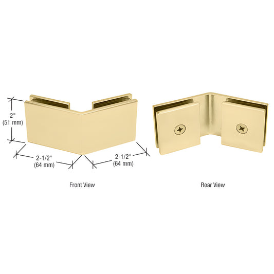 Satin brass squared 135-degree glass-to-glass clamp for 10-12mm (3/8-1/2") glass, solid brass, 2" high, 21 2" legs (SGC135SB)