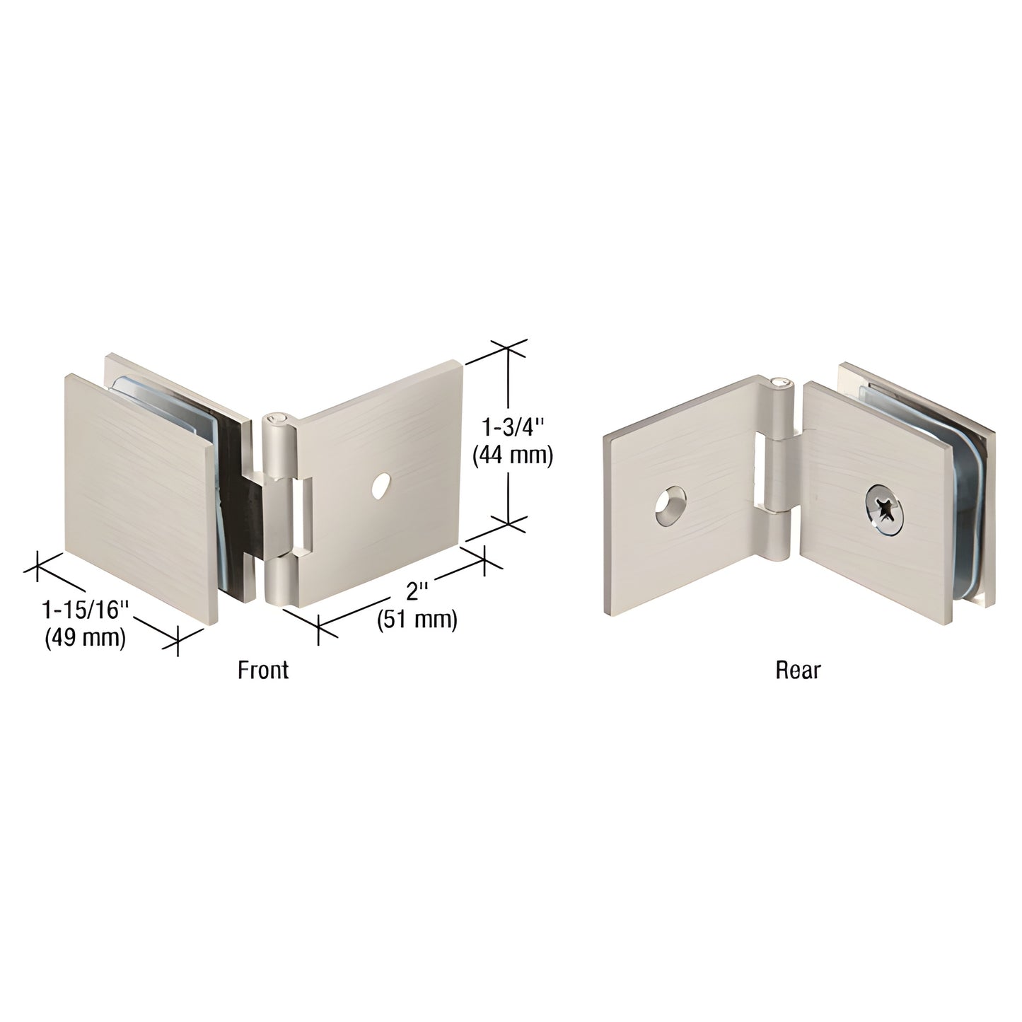 Brushed nickel adjustable wall-mount glass clamp hinge for 8-12mm panels, SKU ADJSQ037BN