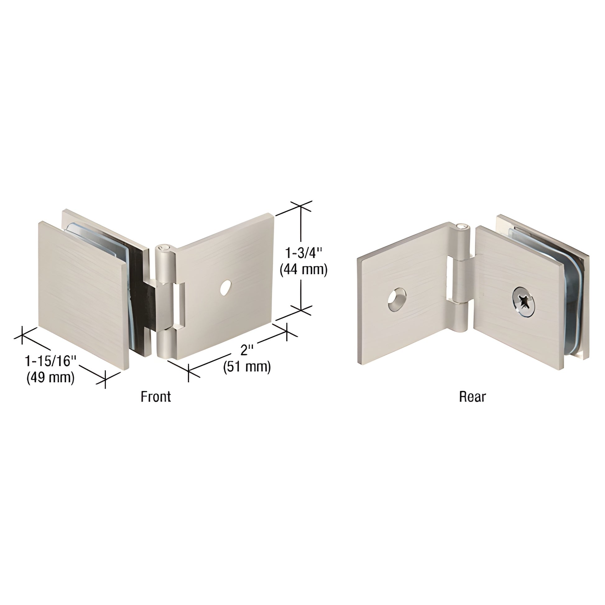 Brushed nickel adjustable wall-mount glass clamp hinge for 8-12mm panels, SKU ADJSQ037BN