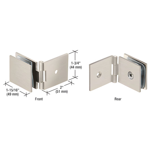 Brushed nickel adjustable wall-mount glass clamp hinge for 8-12mm panels, SKU ADJSQ037BN