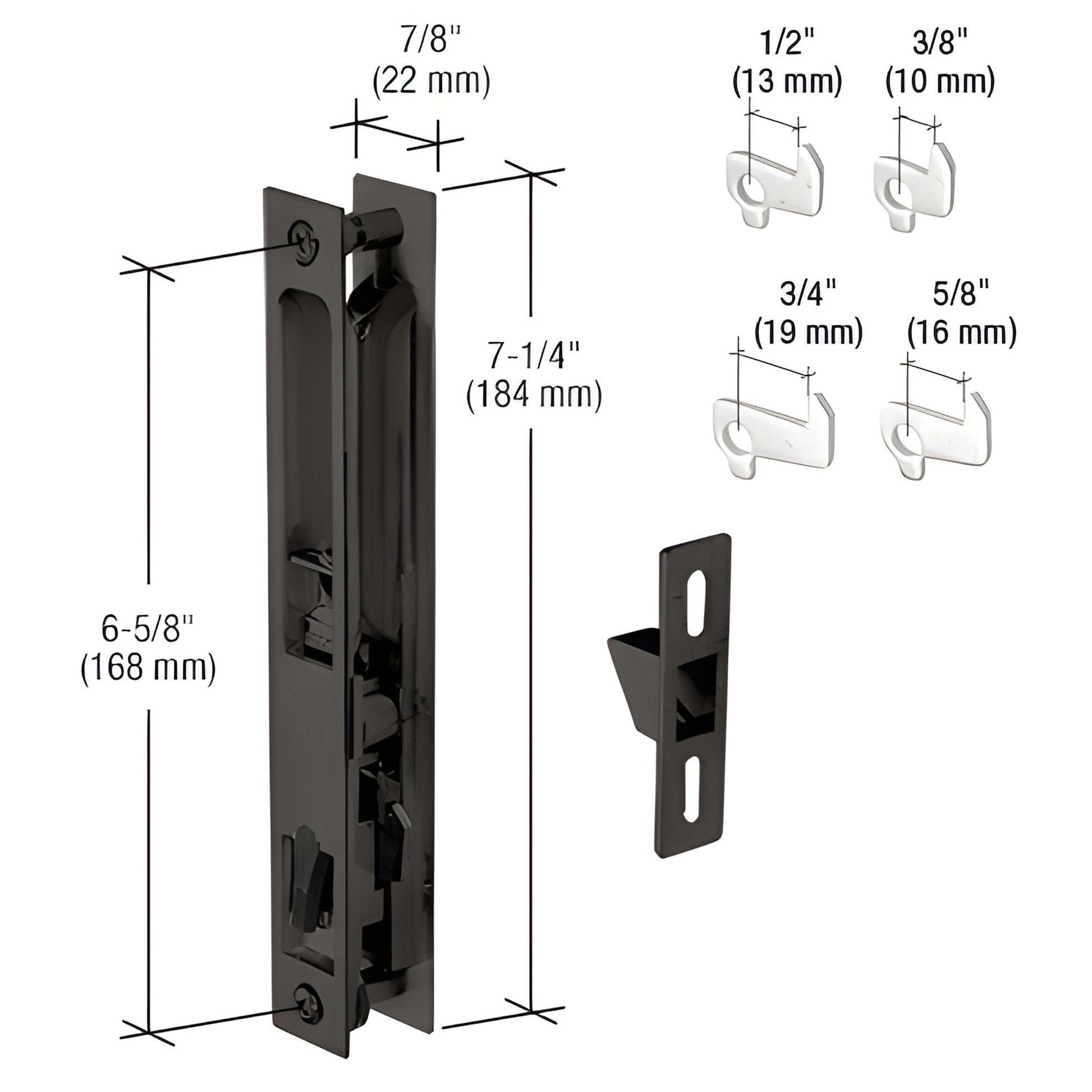 CRL C1043 black flush aluminum handle set for sliding doors, 7-1/4" body, 4-hook assortment with keeper.