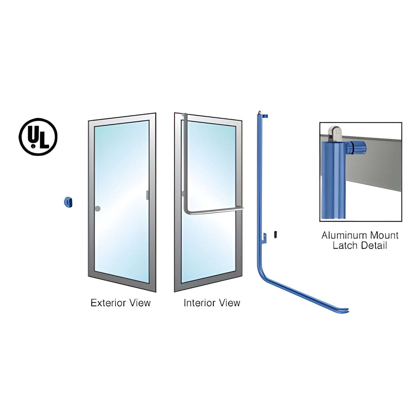 PA100Z4AKPT panic bar handle for 1/2 to 3/4" tempered glass doors, 1-1/4" stainless tube, left-hand reverse, exterior access.