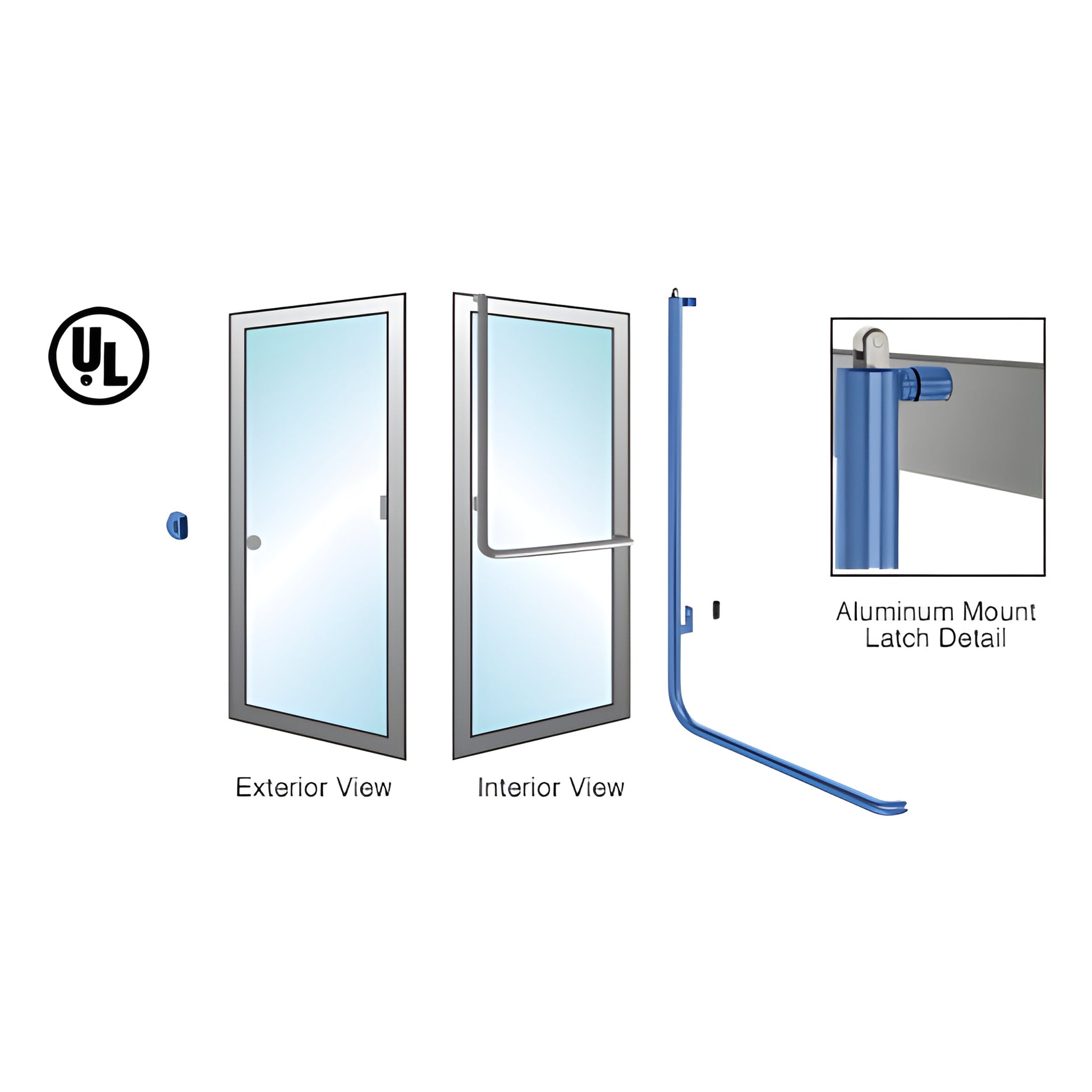 PA100Z4AKPT panic bar handle for 1/2 to 3/4" tempered glass doors, 1-1/4" stainless tube, left-hand reverse, exterior access.