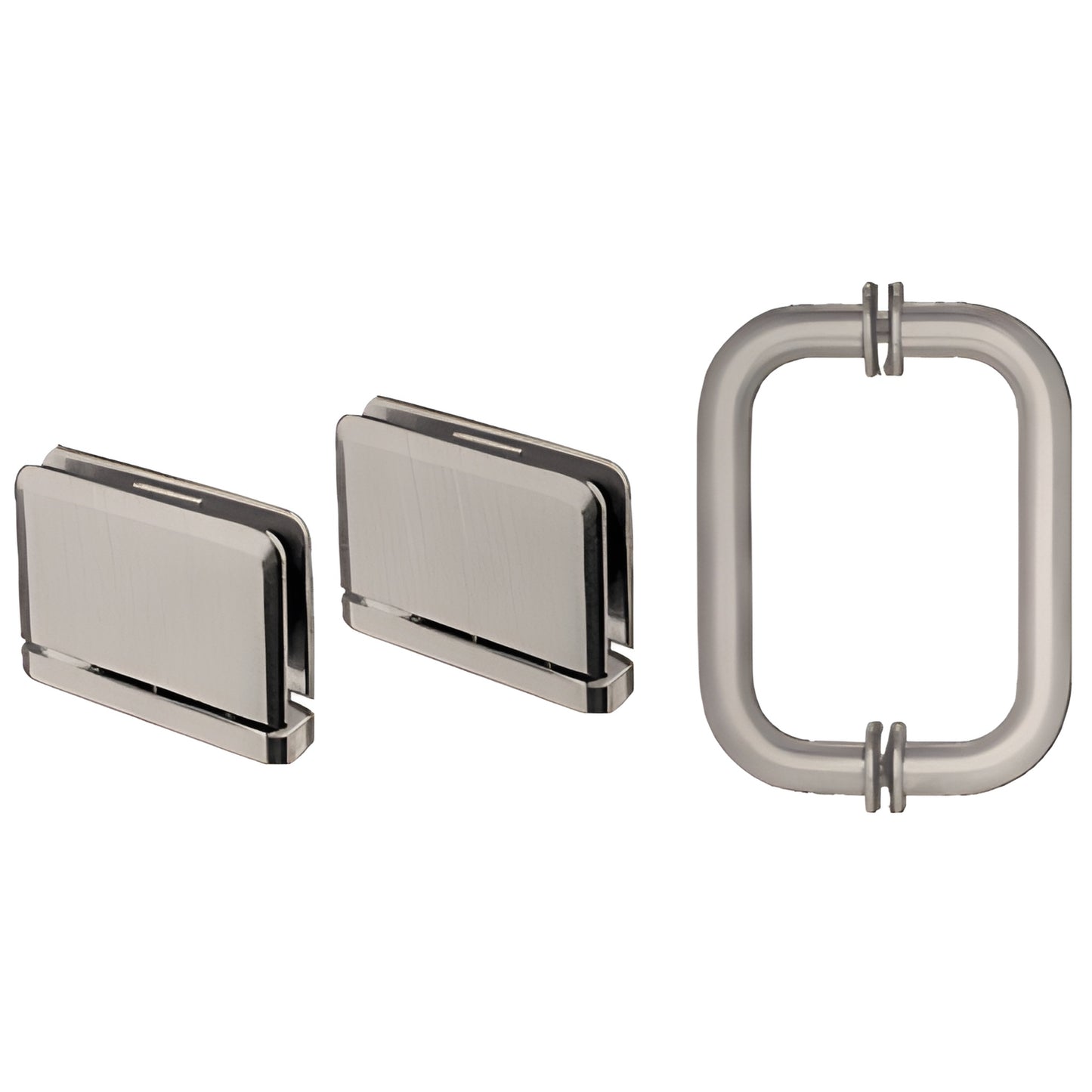 PPHS3BN brushed nickel shower hinge pair with rectangular BM6X6 pull, fits 8-10mm glass, wall-mount, beveled edges