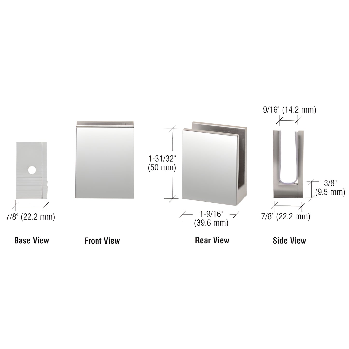 EH16 polished chrome brass glass shelf clamp, removable faceplate, fits 3/8-1/2 in glass, multi-view