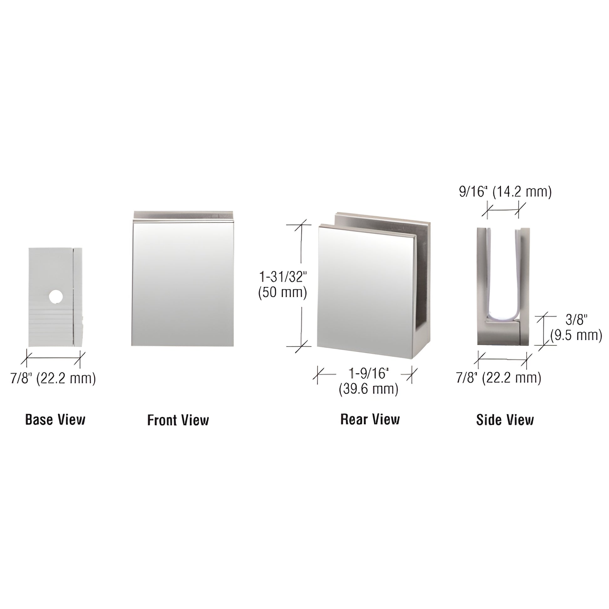 EH16 polished chrome brass glass shelf clamp, removable faceplate, fits 3/8-1/2 in glass, multi-view
