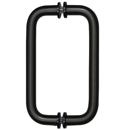 Matte black back-to-back tubular brass door pull handle, 8" center-to-center with decorative washers (SKU BM8X8MBL)