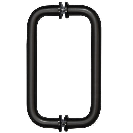 Matte black back-to-back tubular brass door pull handle, 8" center-to-center with decorative washers (SKU BM8X8MBL)