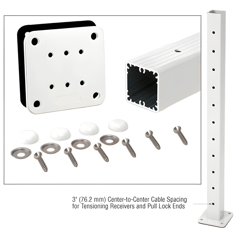 P42TKW sky-white 42 in aluminum square cable end post kit with base plate, moisture gasket, screws, washers and cap buttons.