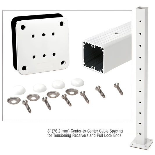 P42PKW sky-white 42in aluminum surface-mount cable end post kit with base plate, screws and cover buttons.
