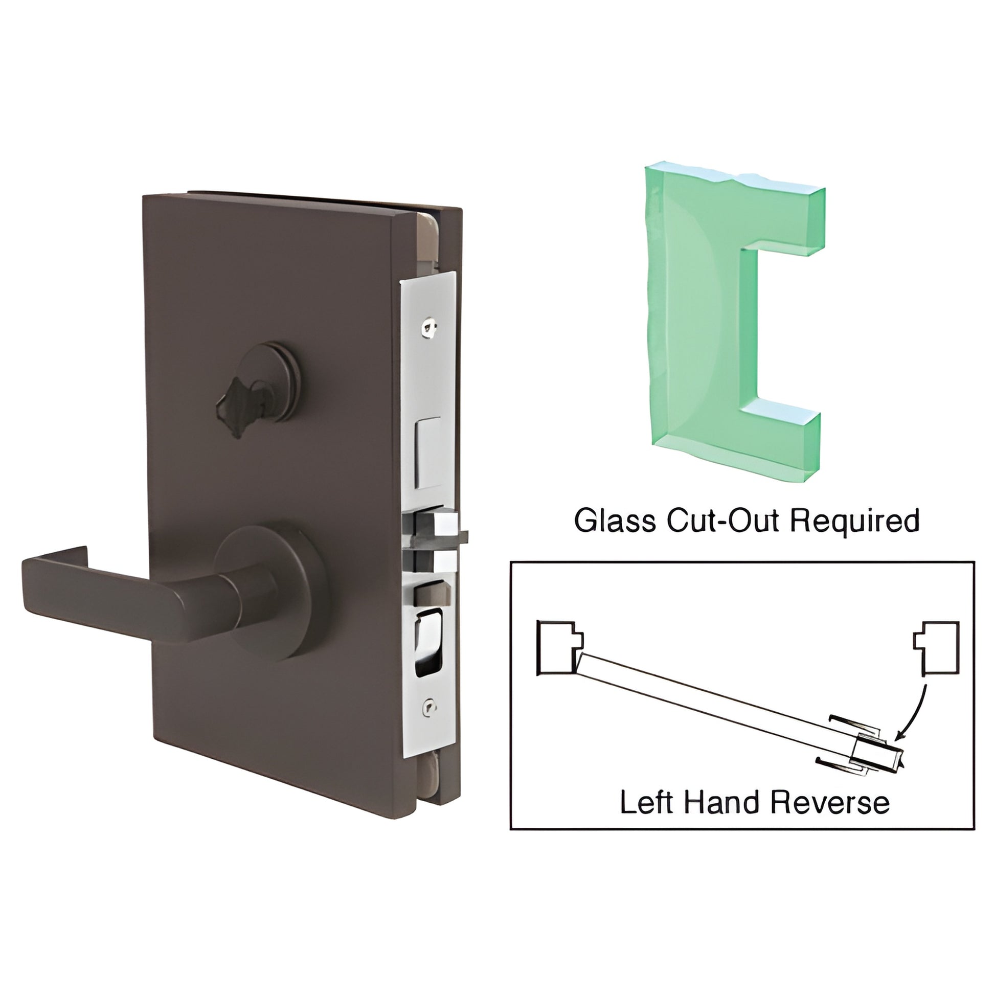 DL611LEDU black bronze 6x10 center lock for 1/2" tempered glass, left-hand reverse lever.