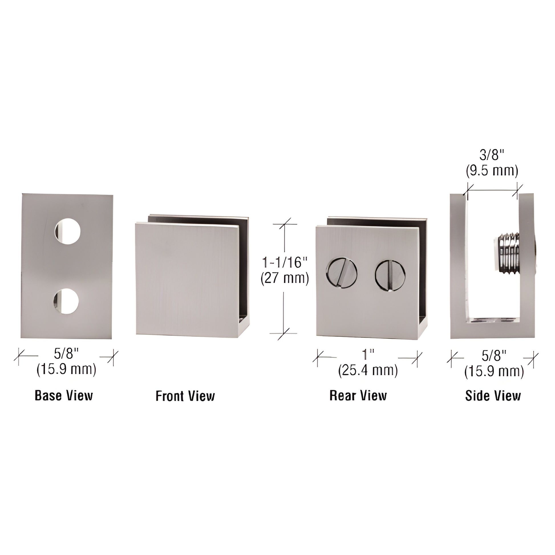EH35 brushed nickel brass double-set-screw glass clamp for 1/4-5/16" (6-8mm) glass, compact 1" 5/8" 1 1/16" block.