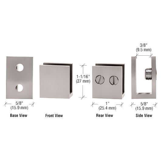 EH35 brushed nickel brass double-set-screw glass clamp for 1/4-5/16" (6-8mm) glass, compact 1" 5/8" 1 1/16" block.