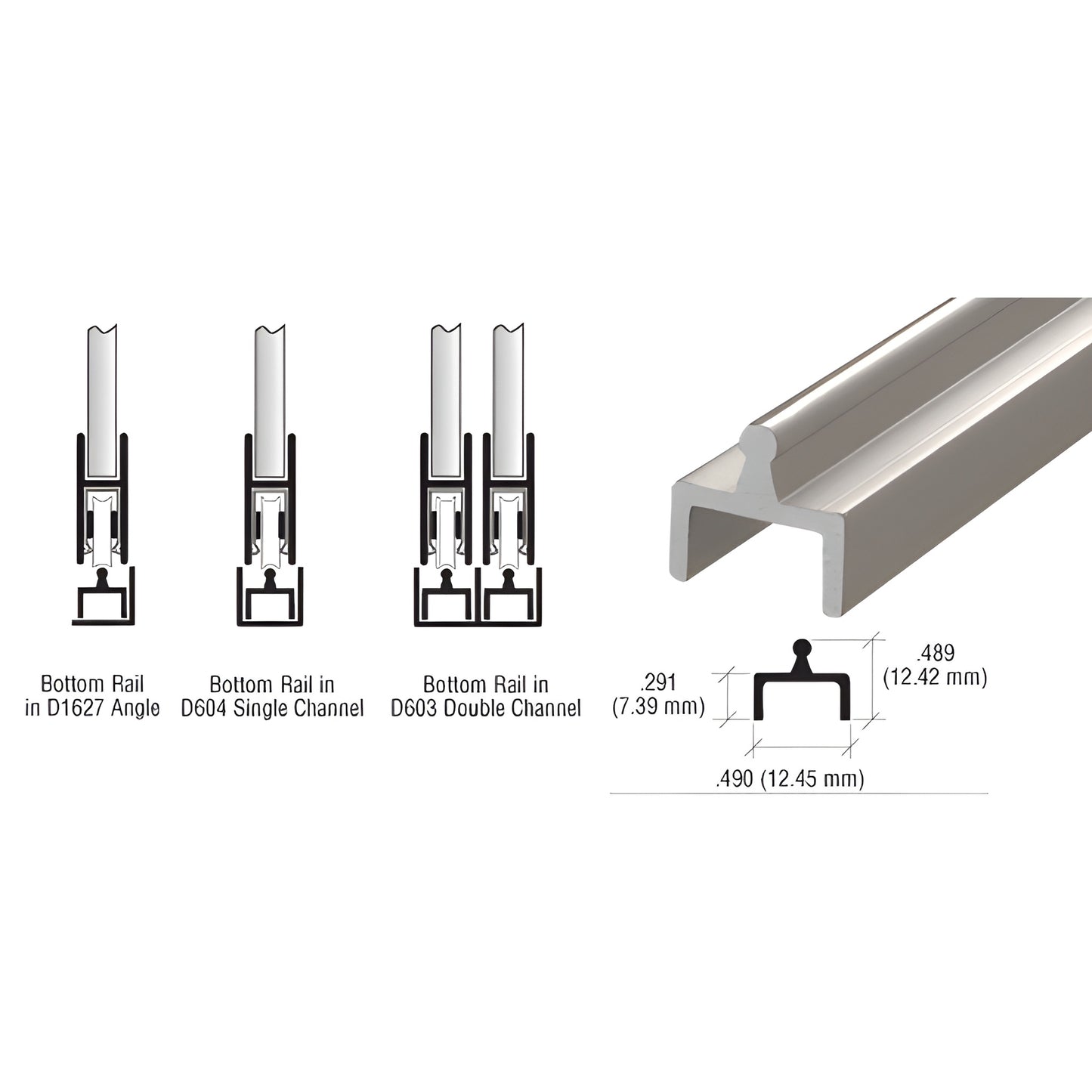 Brushed nickel aluminum single bottom rail (SKU D601BN) for sliding panels, 0.49" wide x .489" high, 12' length.