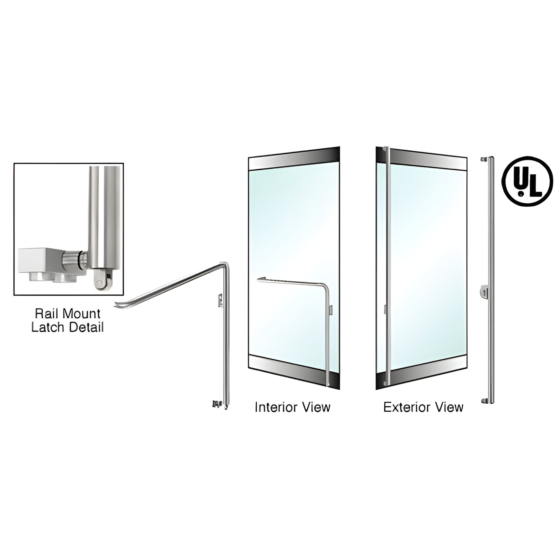 PA110F3RKBS brushed stainless steel DRS rail-mount panic exit handle for 1/2 in. tempered glass door.